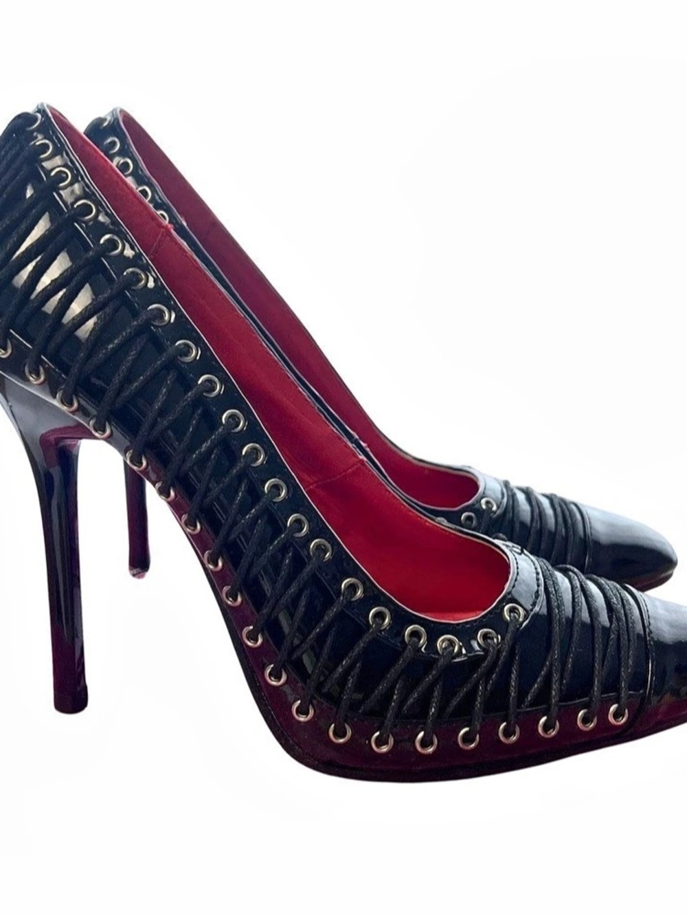 Black Patent-Look Cage High Heels Size 8 Red Lining Grommet Y2K Goth NEW